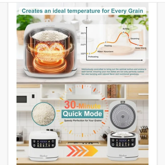 Bluebow Digital Rice Cooker, 6-Cup/2QT Small Rice Maker, 10 Presets, 24-Hr Timer - Picture 3 of 13